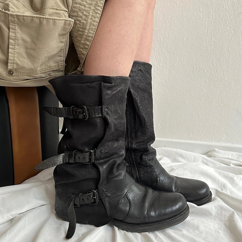Vintage Zipper - Bottes mi-mollet plissées à boucle de